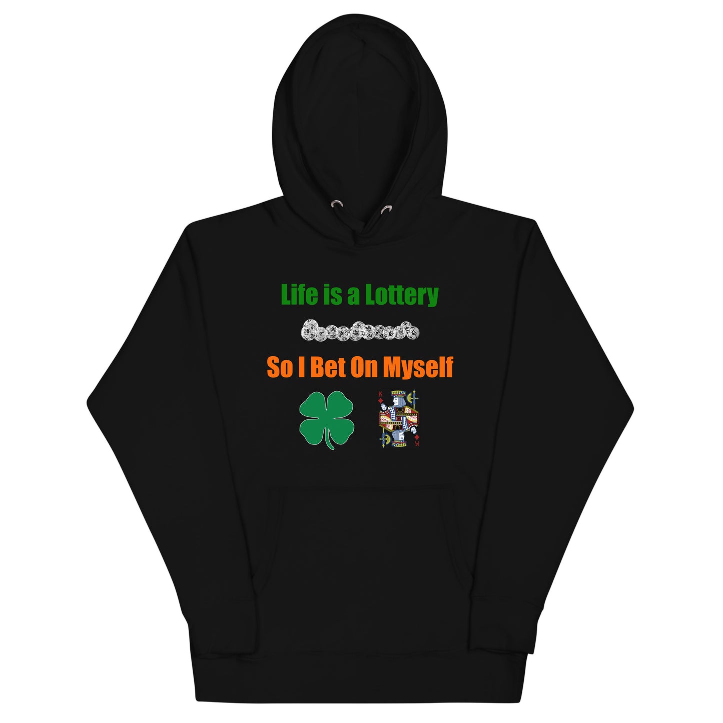 Life is a Lottery Unisex Hoodie- Four-Leaf Clover and Poker Cards Design | Motivational Gambling Quote Hoodie