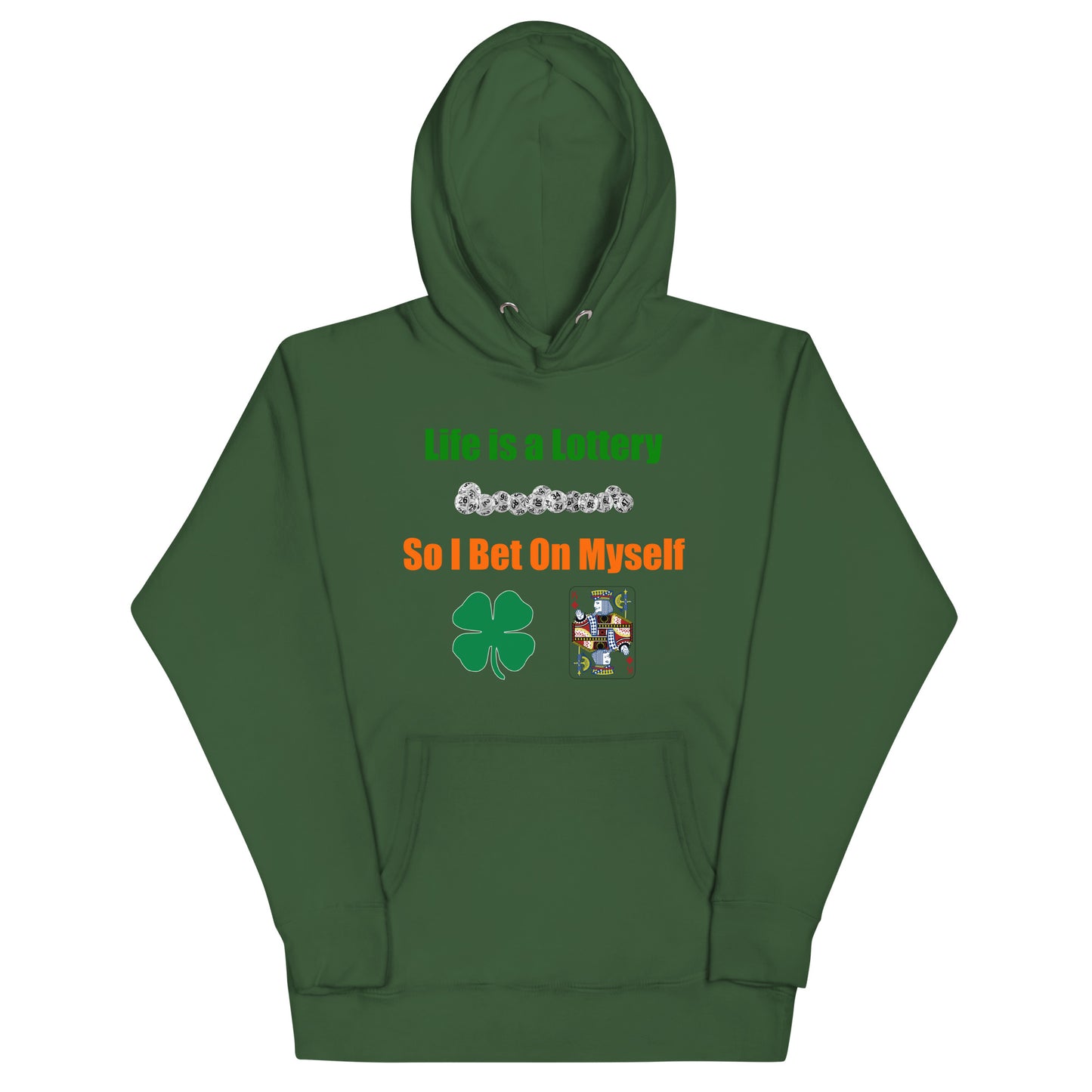 Life is a Lottery Unisex Hoodie- Four-Leaf Clover and Poker Cards Design | Motivational Gambling Quote Hoodie
