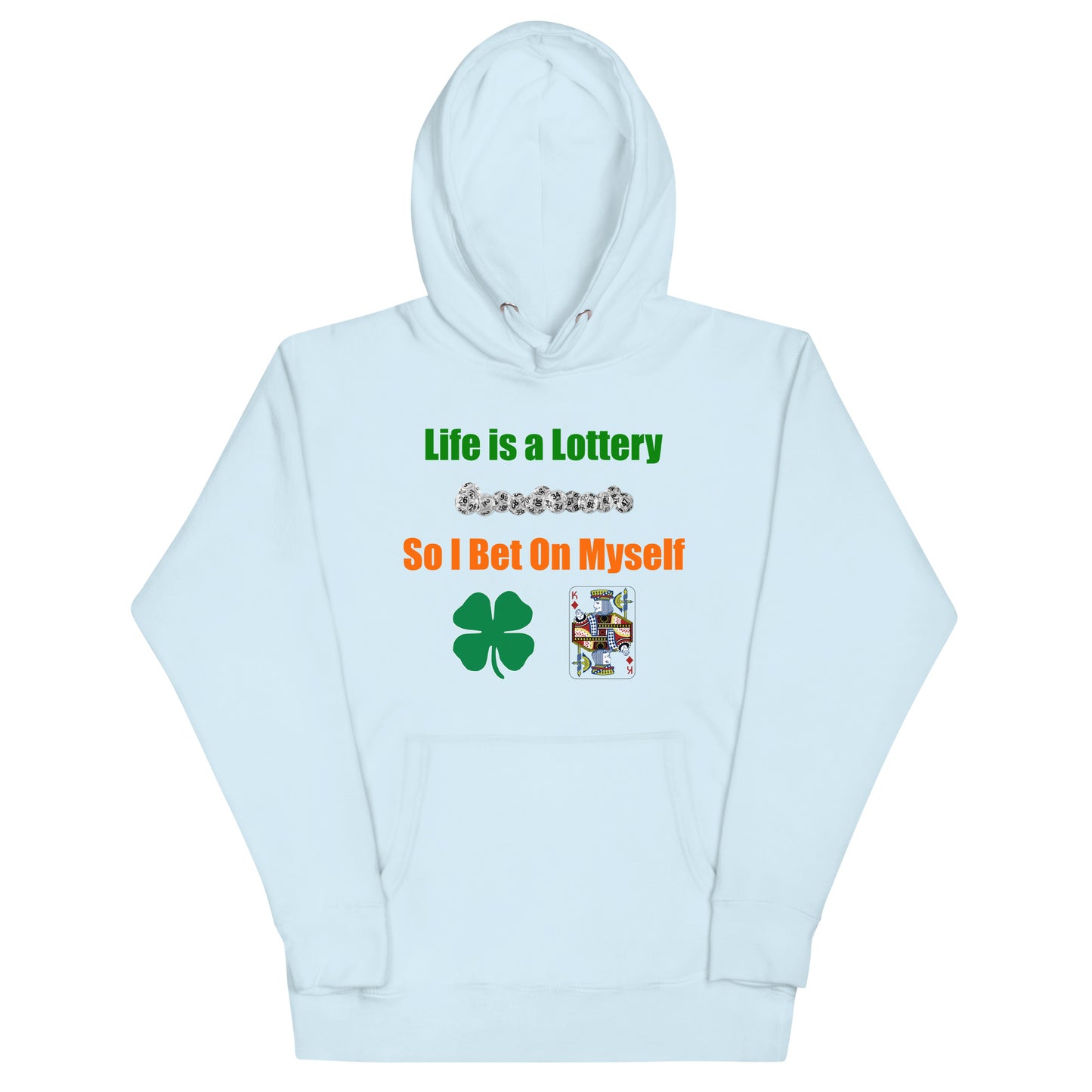 Life is a Lottery Unisex Hoodie- Four-Leaf Clover and Poker Cards Design | Motivational Gambling Quote Hoodie