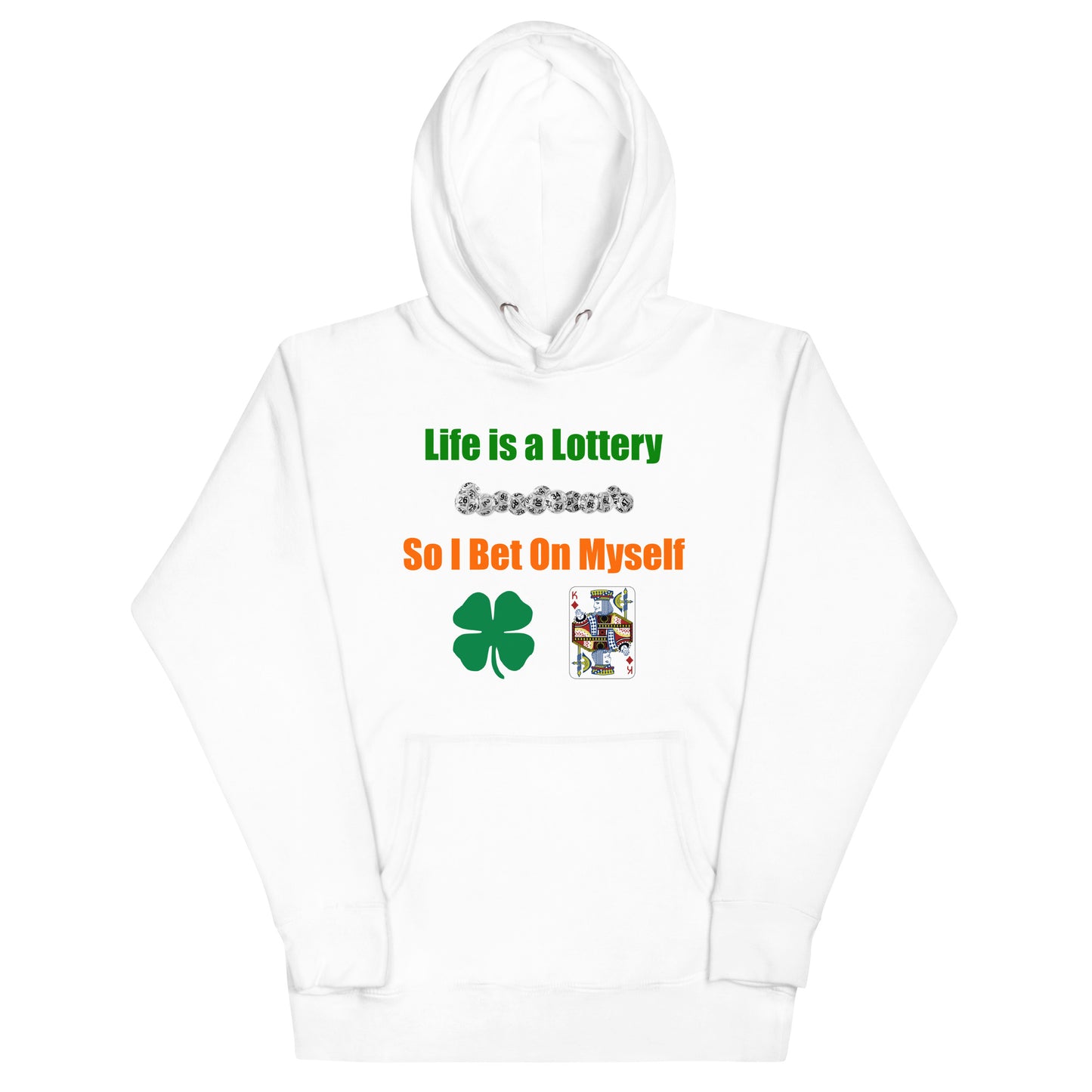 Life is a Lottery Unisex Hoodie- Four-Leaf Clover and Poker Cards Design | Motivational Gambling Quote Hoodie